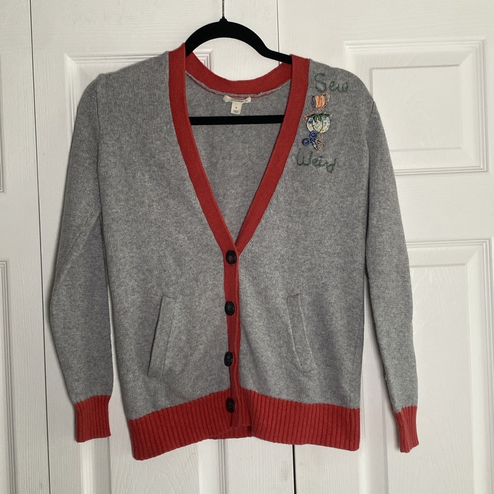 Caslon Sew Weird Embroidered Cardigan Womens Size S Gray Red Cotton Angora Blend